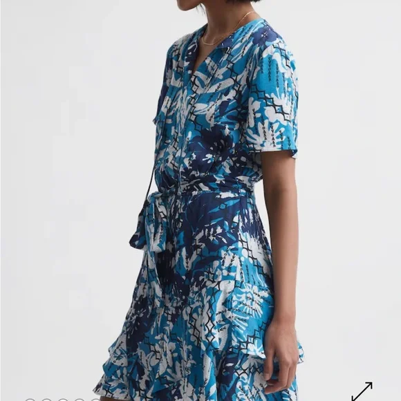 Reiss Posey Ditsy Print Blue Mini Dress Size 0 Ruffles - Picture 6 of 7